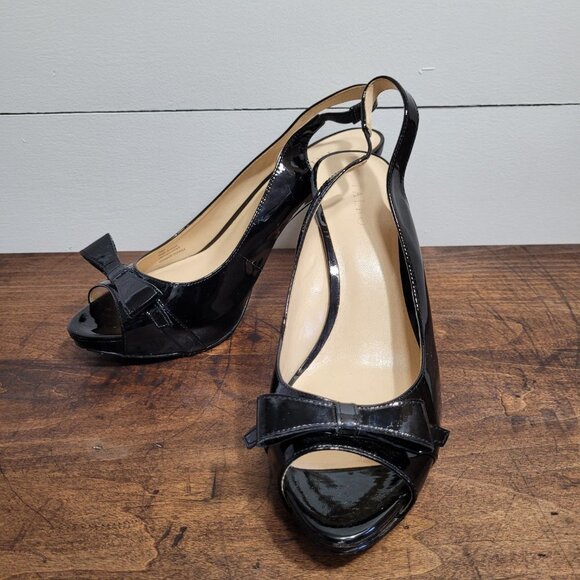 Talbots Black Patent Peep Toe Bow Elastic Heel Strap 4.25" Heels Women's sz 9M. - Picture 1 of 10